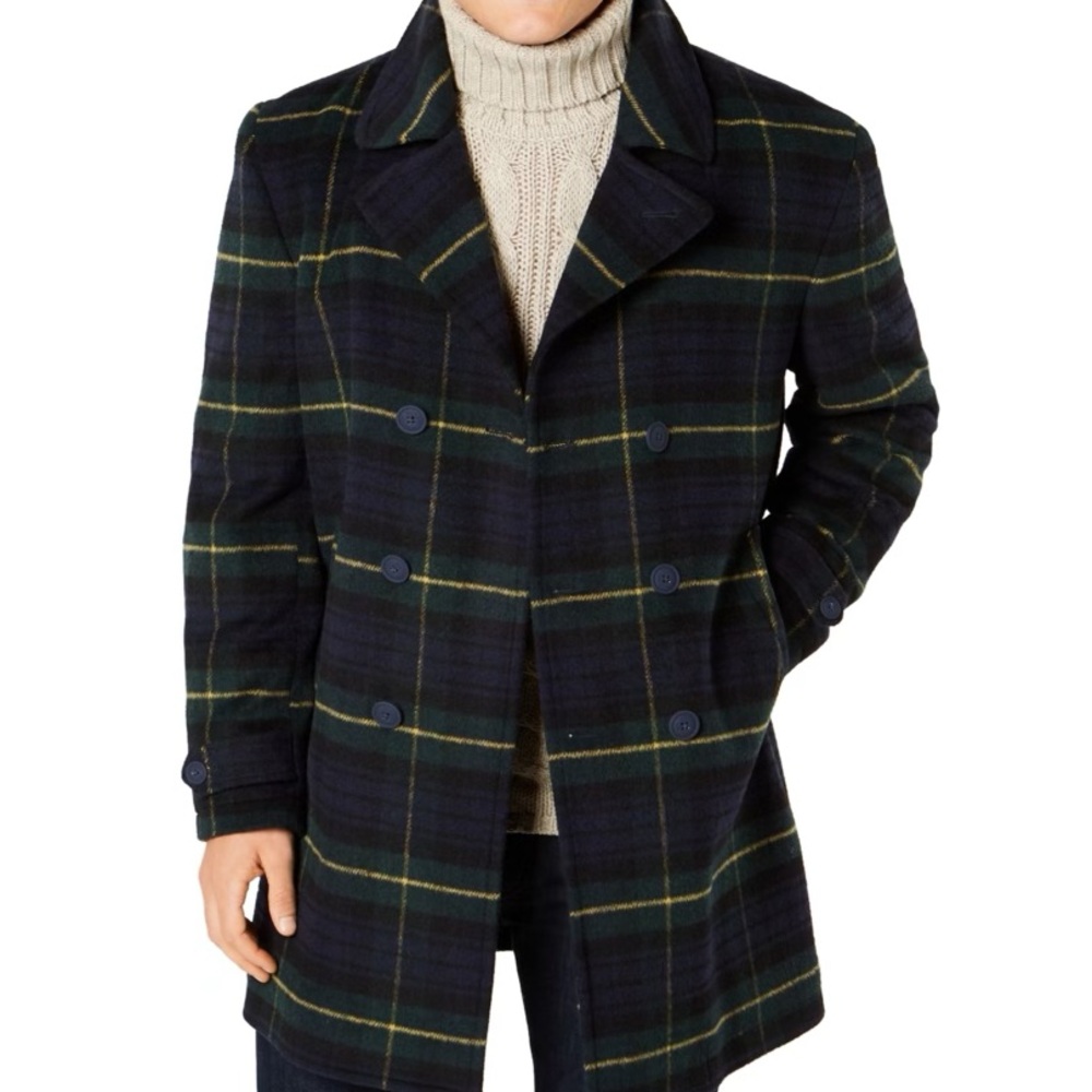Tommy Hilfiger Mens Plaid Wool Coat
